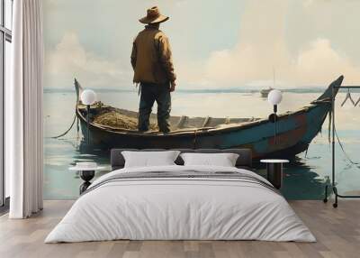 Ethereal scene of a man in a hat standing confidently in a floating boat on tranquil waters Wall mural