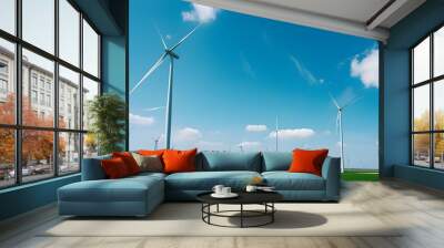 Expansive panorama of wind farm featuring towering turbines generating clean energy, highlighting the concept of sustainability and innovation in renewable power Wall mural