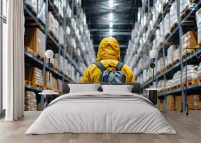 Explorer in a yellow jacket amidst towering shelves in a vast warehouse setting Wall mural