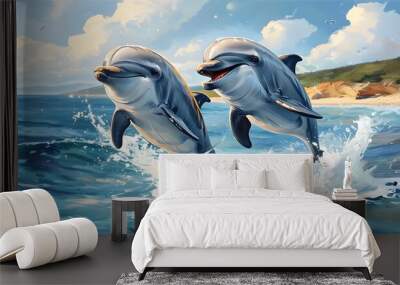 Exuberant Dolphin Leaping Joyfully in a Refreshing Coastal Seascape Wall mural