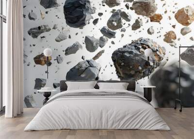 Falling Rocks Symbolizing Instability and Change Against a White Background Wall mural