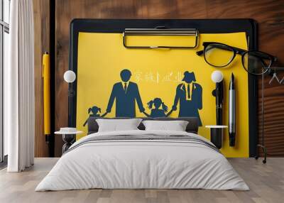 Family Business Notes on Yellow Paper with Clipboard, Pen, and Glasses Wall mural