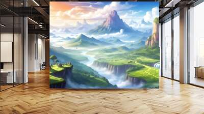 Fantasy-inspired illustration of majestic mountains and serene valleys with vibrant colors and imaginative scenery Wall mural