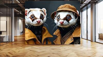 Fashionable Portrait of Two Funny Ferrets in Creative Artistic Style Wall mural