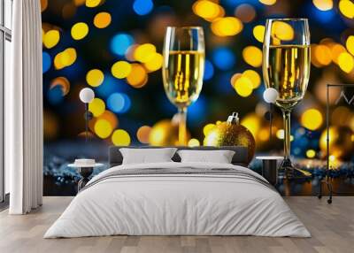 Festive Christmas and New Years background featuring vibrant yellow and blue bokeh lights Wall mural