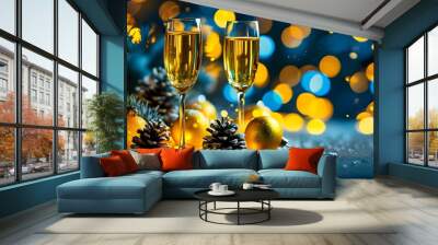 Festive Christmas and New Years background featuring vibrant yellow and blue bokeh lights Wall mural