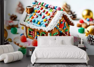 Festive gingerbread house adorned with icing and vibrant candies on a pristine white backdrop, celebrating the joy of holiday desserts and Christmas sweets Wall mural