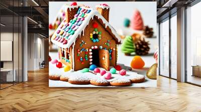 Festive gingerbread house adorned with icing and vibrant candies on a pristine white backdrop, celebrating the joy of holiday desserts and Christmas sweets Wall mural