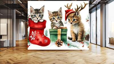 Festive watercolor sticker collection featuring a cat in a red holiday stocking, a kitten in a green gift box, a reindeer, and a pinecone on a clear white background. Wall mural