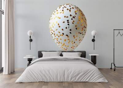 Festive white balloon adorned with colorful confetti and tied with a shimmering golden ribbon Wall mural