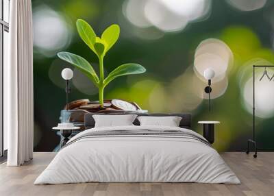 Financial growth symbolized by young plants in glass jars of coins against a dreamy bokeh backdrop Wall mural