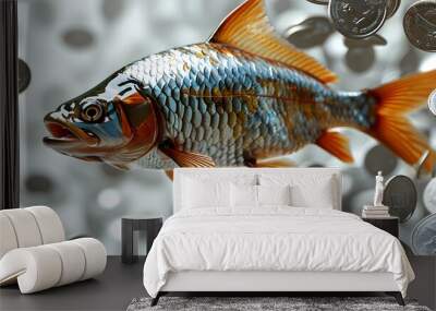 Fish swimming through a river of silver coins, showcasing economic flow in a realistic setting, isolated on a white background with ample copy space. Wall mural