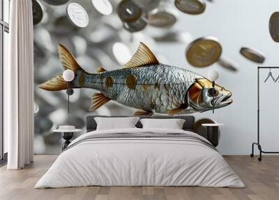 Fish swimming through a river of silver coins, showcasing economic flow in a realistic setting, isolated on a white background with ample copy space. Wall mural