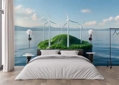 Floating renewable energy icons on a serene sea with a globe backdrop showcasing sustainable business concepts Wall mural