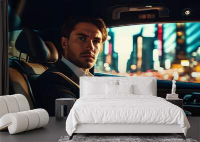 Focused professional on business call in luxury car, determined amidst vibrant city lights and dynamic shadows Wall mural