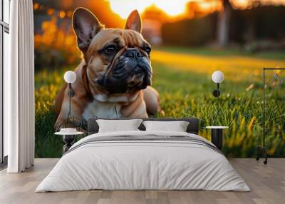 French bulldog relaxing in a garden at sunset with golden light illuminating the lush grass Wall mural