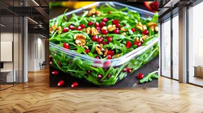 Fresh Arugula Salad Topped with Walnuts and Pomegranate Seeds, Drizzled with Balsamic Dressing in Clear Container for Healthy Eating and Meal Prep Wall mural