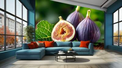 Fresh green figs with leaves in vibrant display, showcasing cut and whole fruits against a natural backdrop Wall mural