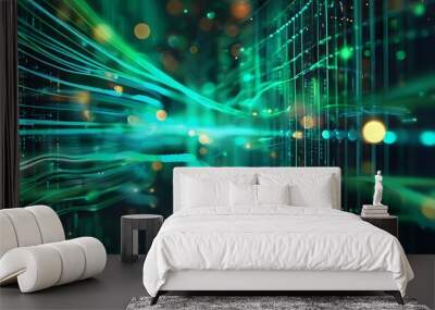 Futuristic abstract background featuring glowing neon wave lines in green and blue, with dynamic motion and bokeh lights, ideal for data transfer themes and AI generative designs. Wall mural