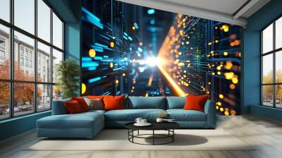 Futuristic abstract composition of technology and internet with vibrant bokeh lights, motherboard circuitry, and elements of metaverse and cloud computing Wall mural