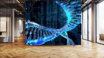 Futuristic abstract digital landscape showcasing dark blue tones, big data communication, and DNA biology concepts in a technological realm Wall mural