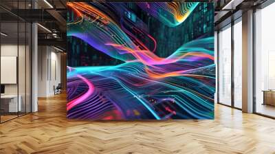 Futuristic abstract tech backdrop featuring wavy lines and intricate digital patterns illuminated in vibrant colors Wall mural