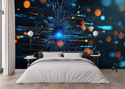 Futuristic abstract technology background featuring circuit diagram elements in light black and indigo with luminous shadows and angular bokeh effects Wall mural