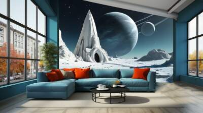 Futuristic alien landscape featuring minimal architecture on a distant planet in outer space Wall mural