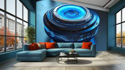 Futuristic blue glowing device showcasing intricate details and symbolizing advanced technology and innovation Wall mural