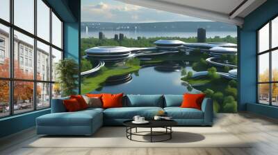 Futuristic cityscape featuring AI-enhanced architecture overlooking a tranquil lake in a visionary landscape Wall mural