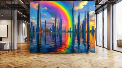 Futuristic cityscape featuring skyscrapers with reflections in water and a vibrant rainbow bridging the towering skyline Wall mural