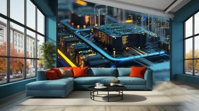 Futuristic Cyber Network with Cloud Computing and Circuit Motherboard System for Enhanced Security and Speed in Technology Innovation Wall mural