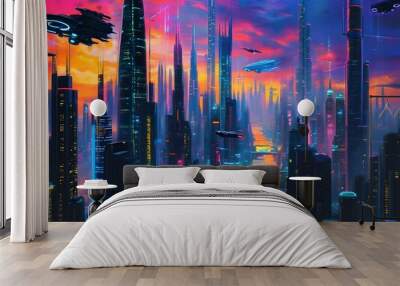 Futuristic cyberpunk cityscape at night with towering skyscrapers, soaring flying cars, and vibrant neon lights in a stunning digital 3D illustration Wall mural