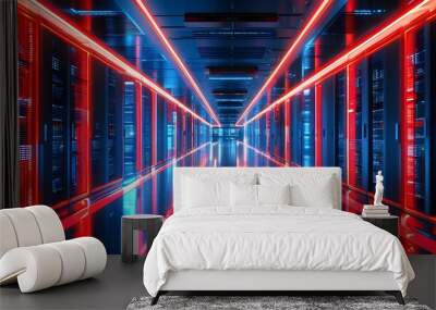 Futuristic data center hallway glowing with vibrant red and blue LED lights, highlighting advanced technological infrastructure Wall mural