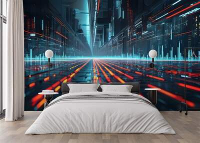 Futuristic data stream flowing through a digital landscape with vibrant colors and dynamic patterns Wall mural