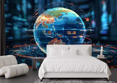 Futuristic depiction of global economy with digital earth, trade routes, and stock market data on a high-tech interface against a blue backdrop Wall mural