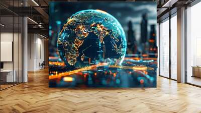 Futuristic digital globe showcasing economic data against a high-tech urban landscape, highlighting technologys influence on global finance Wall mural