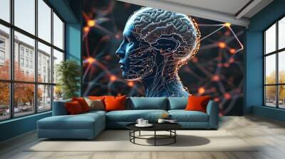 Futuristic Digital Human Showcase Featuring Neural Network Brain Activity Representing Advanced Generative AI in a Connected Global Landscape Wall mural