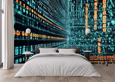 Futuristic digital landscape featuring flowing binary code and abstract shapes Wall mural