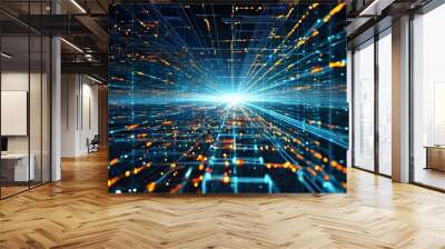 Futuristic digital landscape of glowing connections and lines, showcasing a virtual grid and matrix for advanced information technologies against a dark backdrop Wall mural