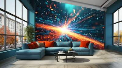 Futuristic digital landscape with radiant light bursts and swirling particles embodying innovation and modern technology concepts Wall mural