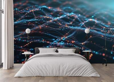 Futuristic digital network featuring interconnected glowing lines and dots, showcasing data connectivity in cyberspace Wall mural