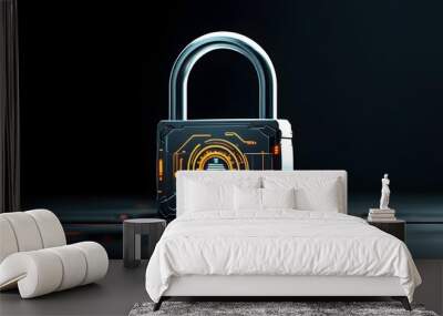 Futuristic digital padlock symbol on black background representing cybersecurity and data protection in modern business and internet network security technology Wall mural