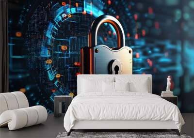 Futuristic digital padlock symbol set against an abstract background representing advanced cybersecurity and data protection concepts Wall mural