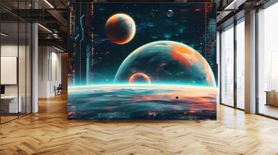 Futuristic digital planet scene with vibrant colors and abstract design elements for a captivating poster background Wall mural