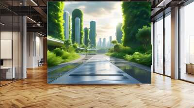 futuristic eco-friendly city skyline with green energy innovations and vibrant landscapes Wall mural