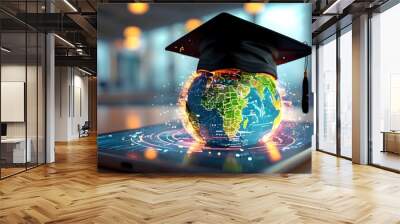 Futuristic Education through Virtual Reality with a Graduation Cap on a Dynamic Digital Earth Wall mural