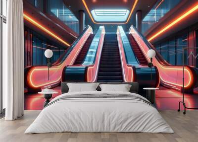 Futuristic escalator in an office building illuminated by vibrant neon lights Wall mural