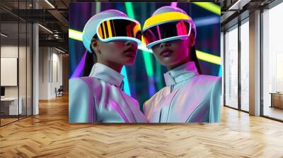 Futuristic fashion showcase with models in sleek white outfits and high-tech visors radiating modern elegance in a neon-lit environment Wall mural