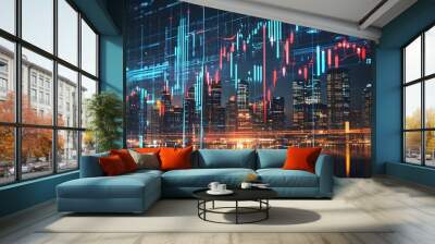 Futuristic finance technology with holographic stock market charts against a vibrant urban skyline background Wall mural